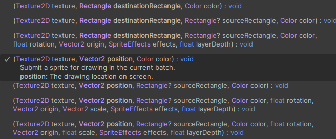 list showing all the overloads of the spritebatch.draw