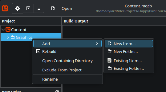 showing how to create a new asset with the MGCB Editor